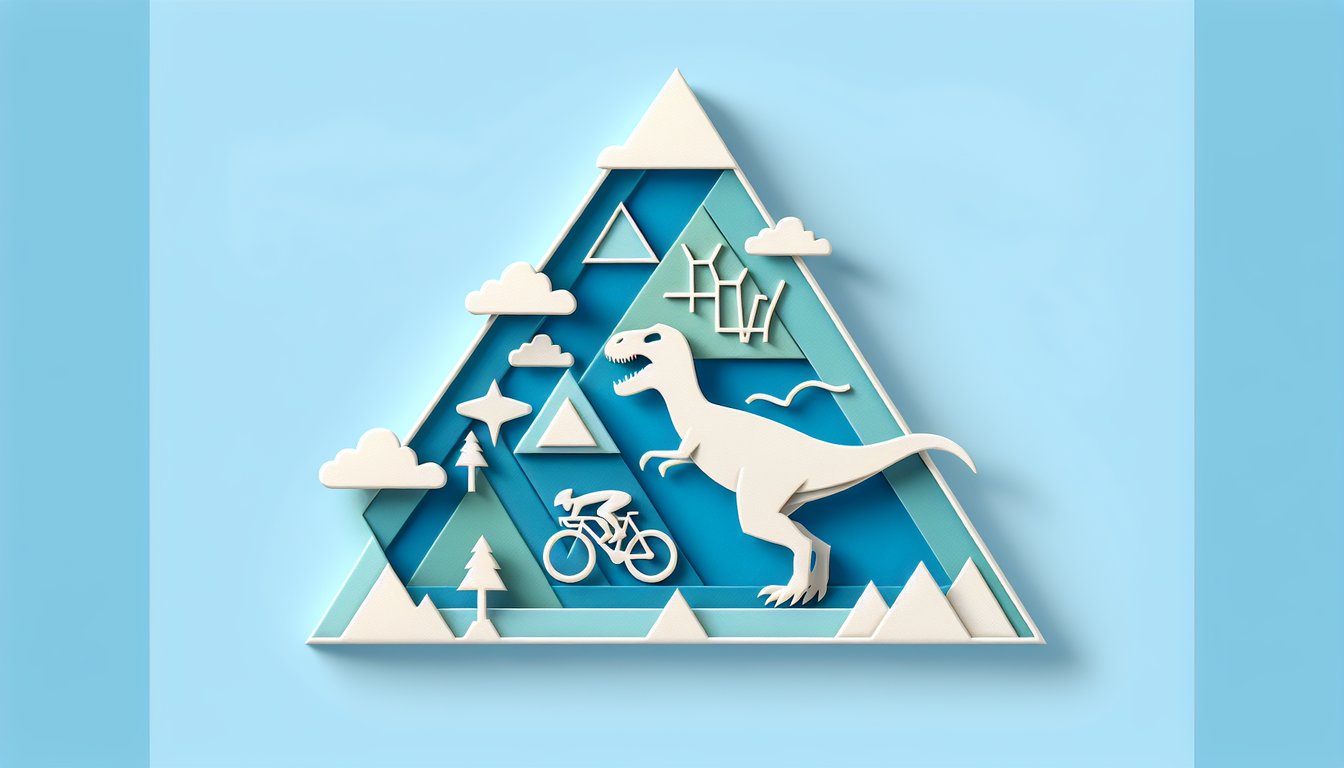 Paper art style triangle, cyclist, dinosaur cutouts on sky blue background for quiz on words with prefix tri.