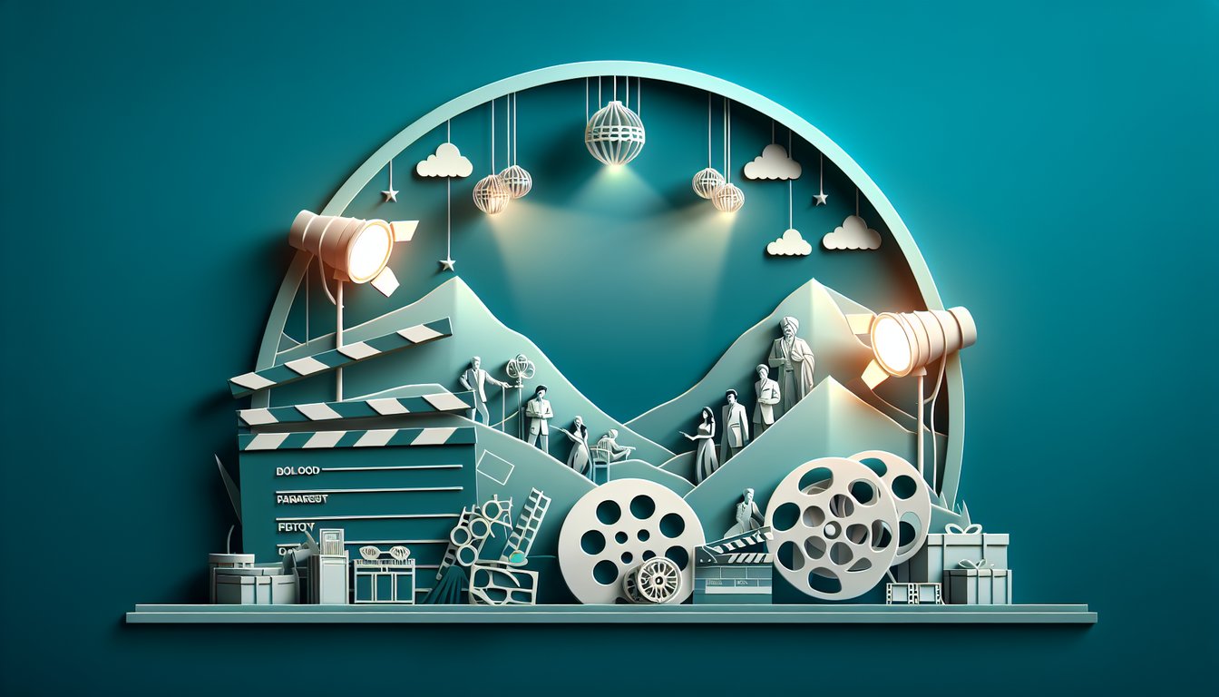 Paper art illustration for a Bollywood trivia quiz with film reels clapperboard actor silhouettes on teal background