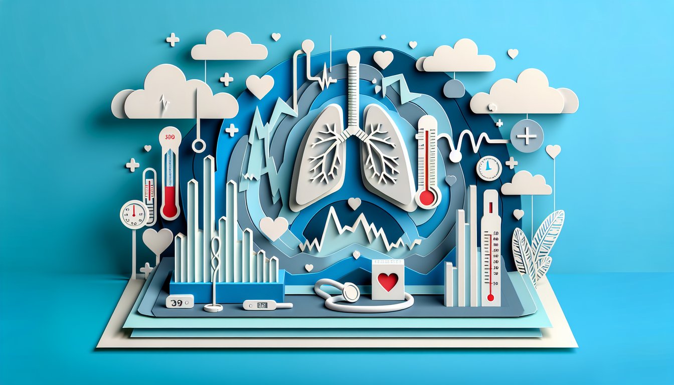 Paper art illustration for Vital Signs Quiz testing knowledge of heart rate, temperature, breathing, blood pressure on sky blue background.