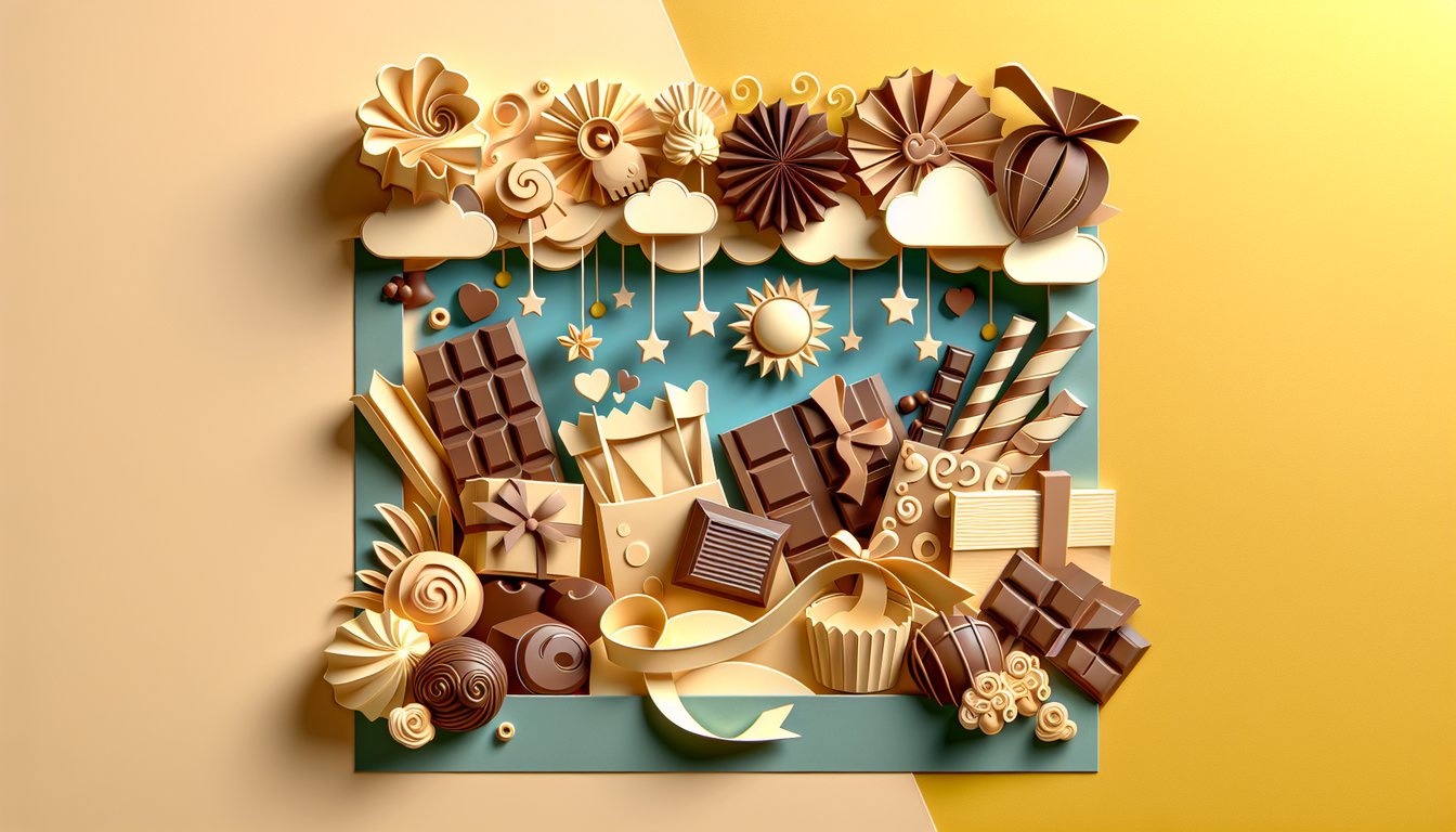 Paper art quiz banner with chocolate bar characters book icons and playful typography on golden yellow background