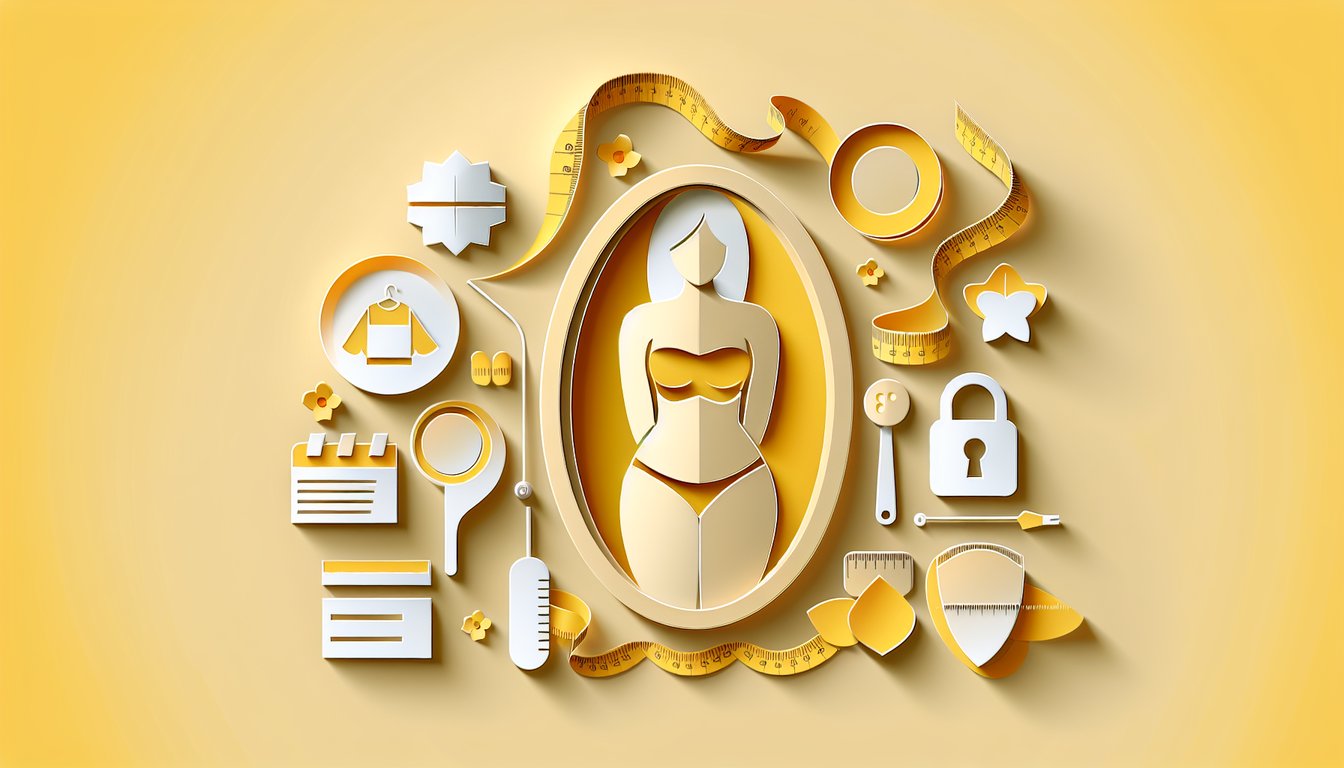 Paper art illustration for body confidence quiz on golden yellow background