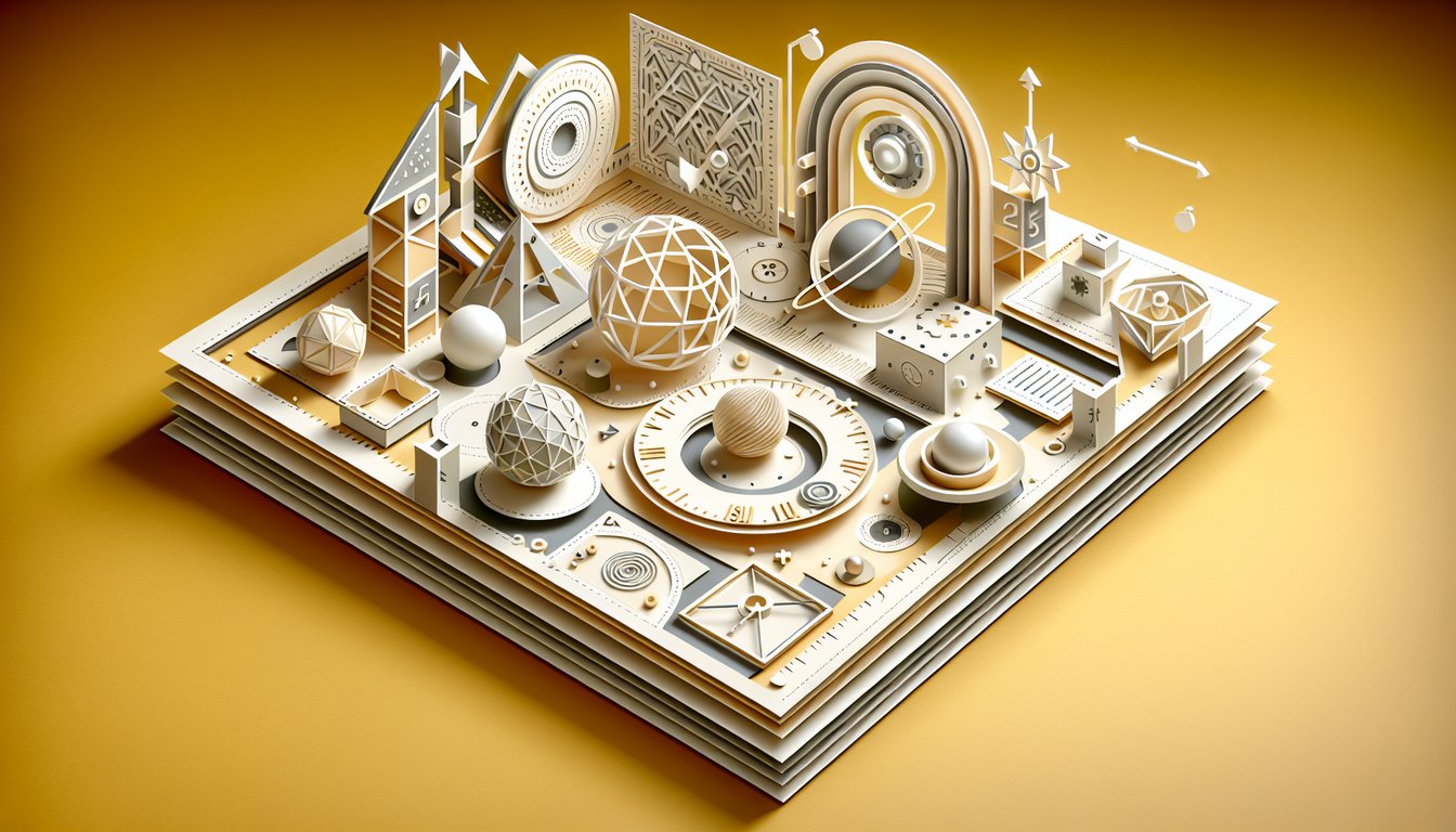 Paper art style icons of magnets rockets pulleys arrows and gears on golden yellow background for a forces physics quiz
