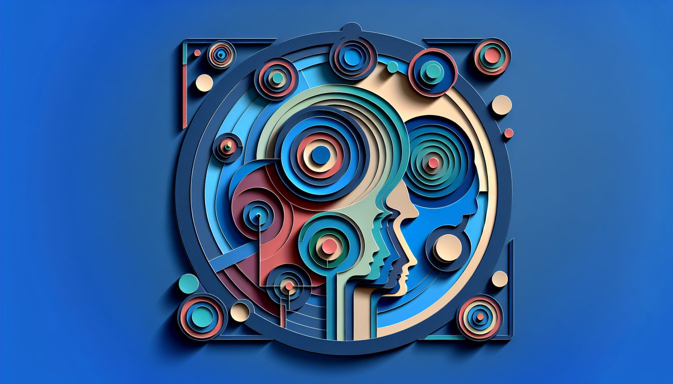 Paper cut profiles and shapes on dark blue background for schizoid personality quiz on social tendencies and emotions