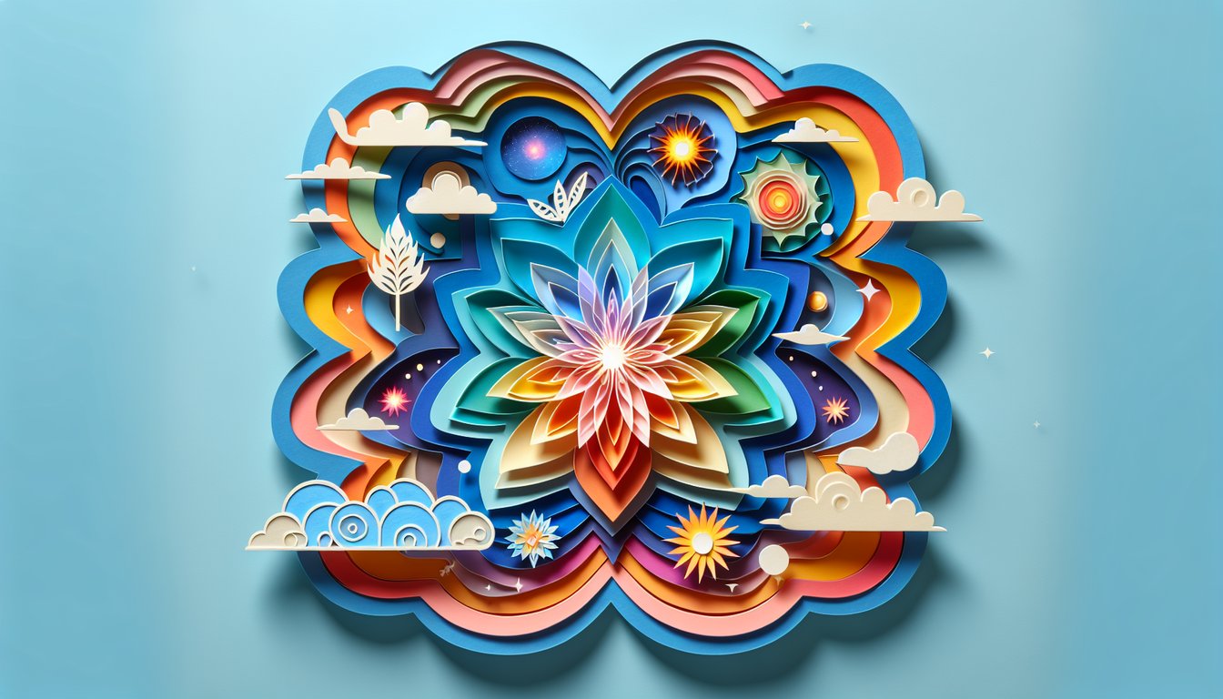 Paper art illustration for aura color quiz on a sky blue background