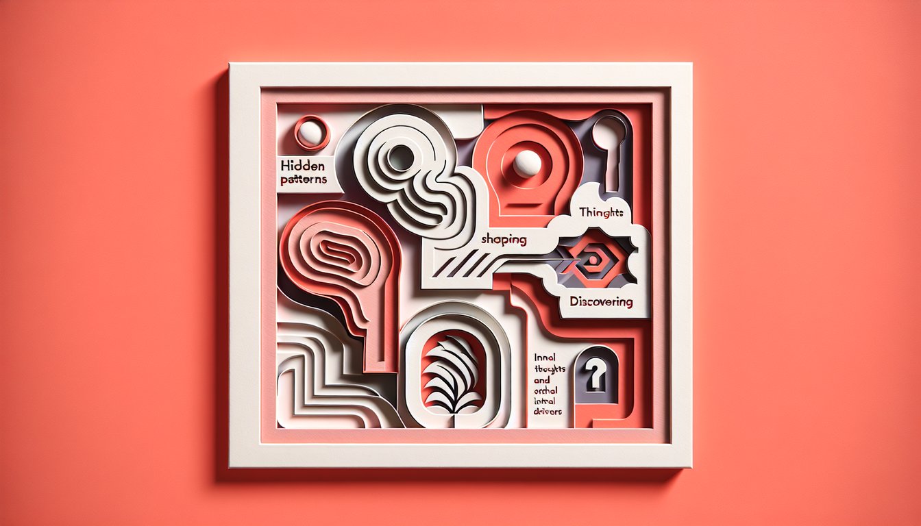Layered paper art head filled with gears puzzles abstract shapes and question marks on coral background