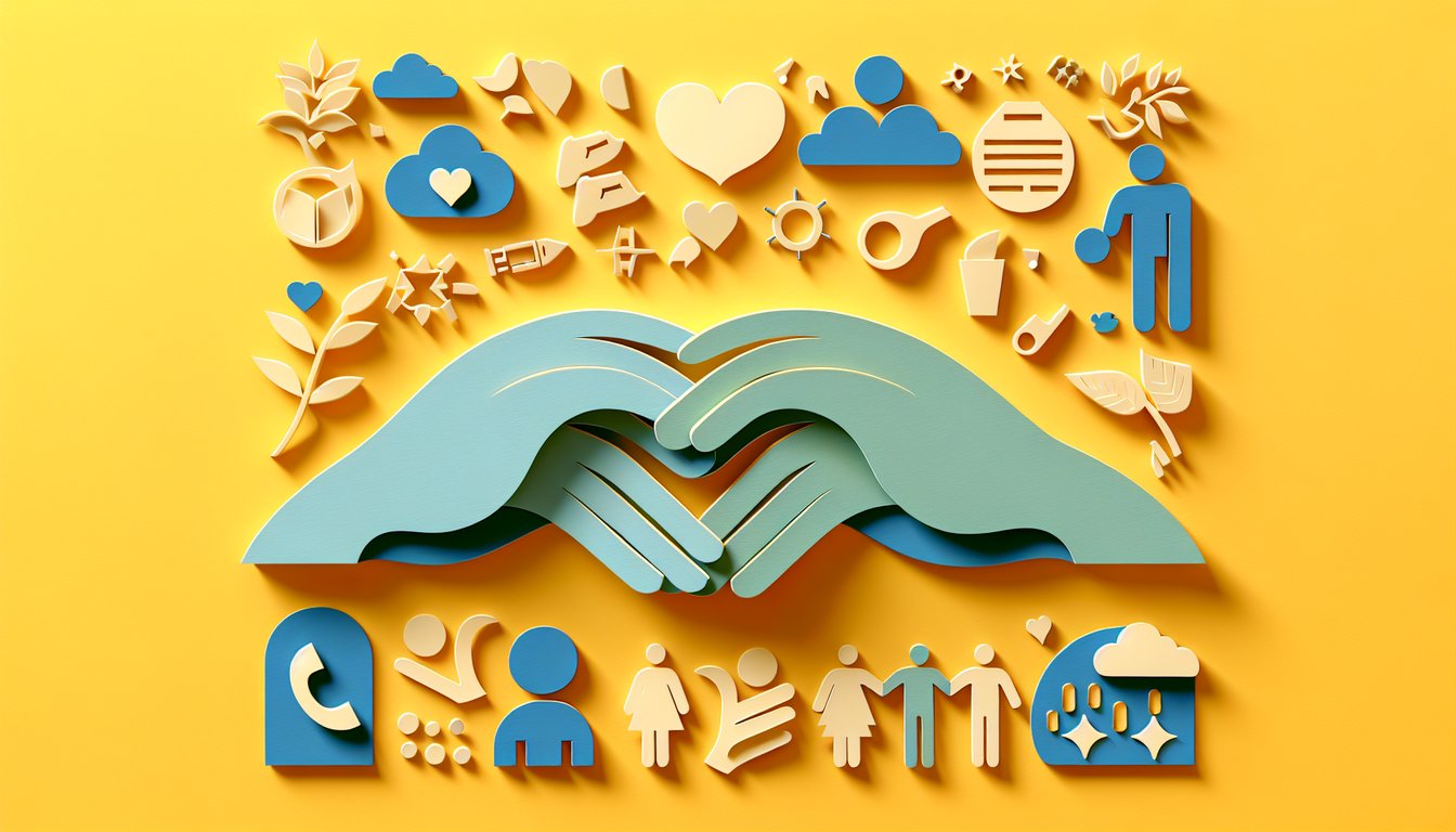 Paper art quiz banner with layered silhouettes of smiling friends and speech bubbles on golden yellow background.