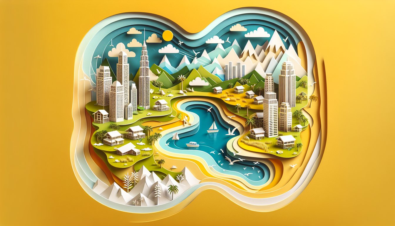 Paper art illustration for a home zone personality quiz on a golden yellow background.