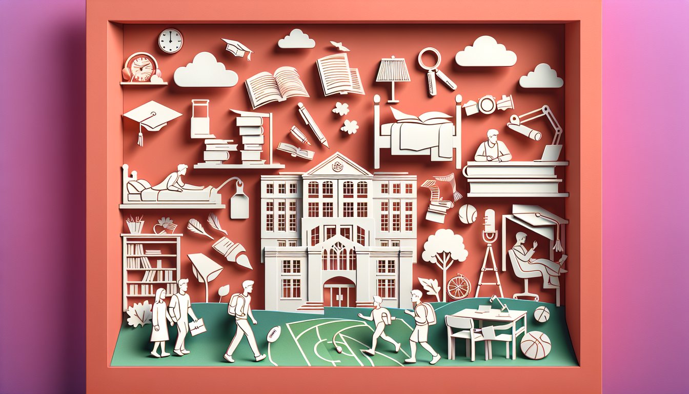 Paper cut art of college books question marks graduation cap campus icons on coral background for college trivia quiz