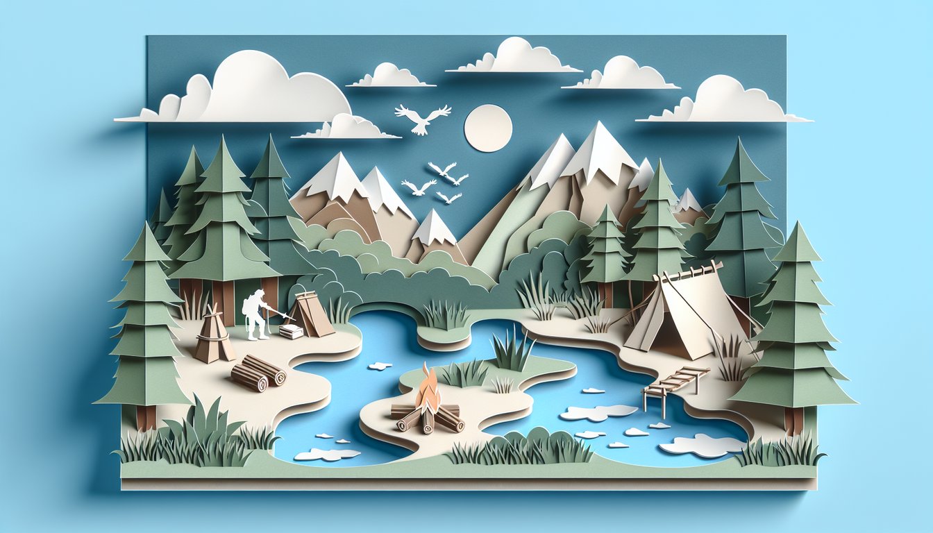 Paper art illustration of bow arrow compass campfire and arena silhouette on a sky blue background for a survival quiz