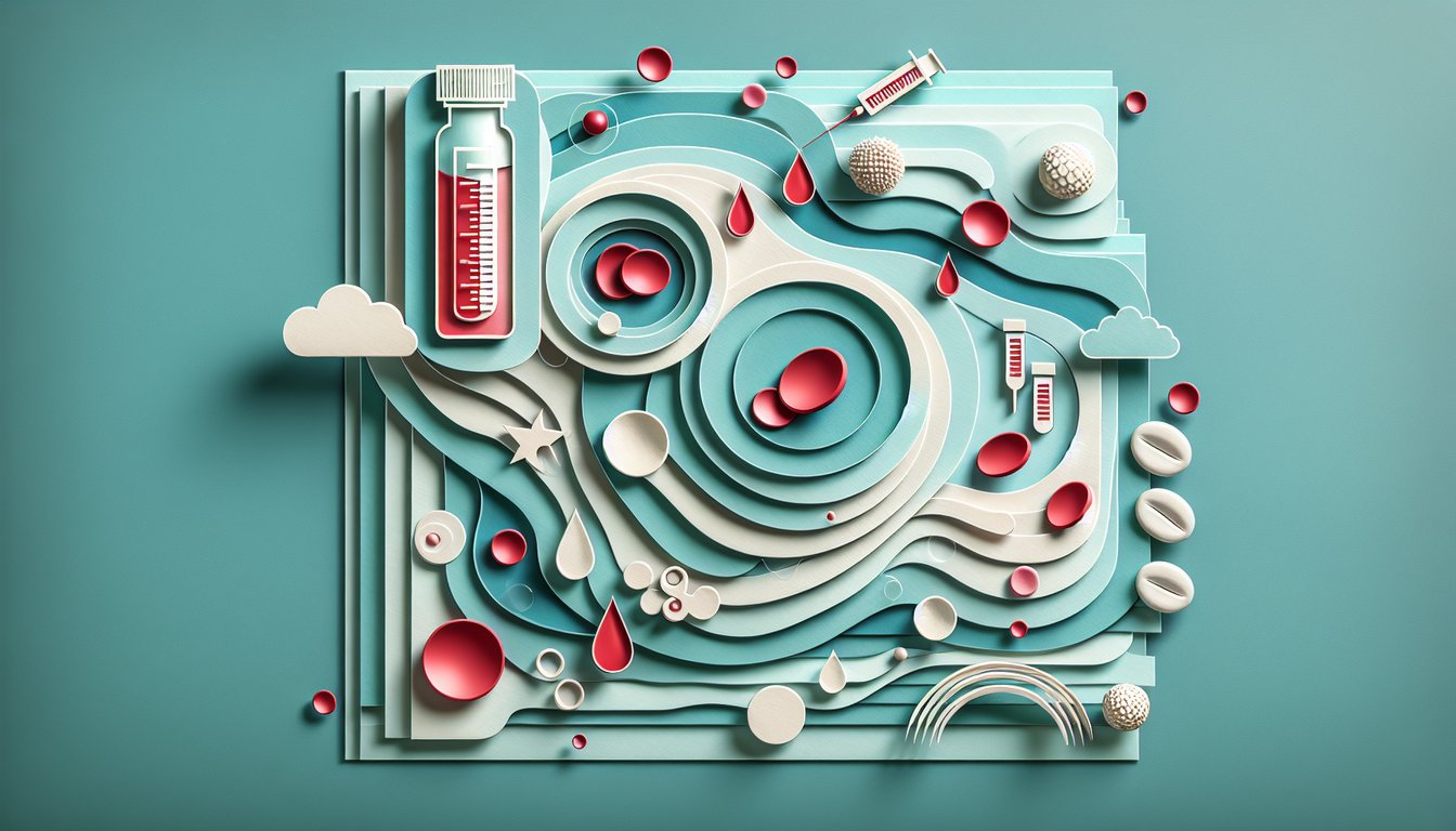 Paper art illustration of lab vials pills microscope and blood drop on teal background for hematology drug quiz