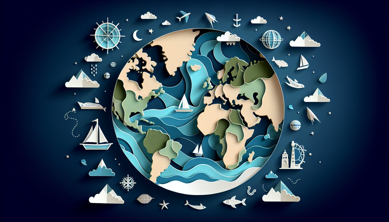 Colorful paper art promoting the Continents  Oceans Challenge, a geography quiz for middle school students.