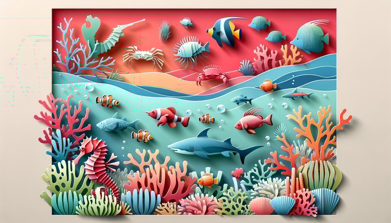 Paper art illustration for What Fish Am I personality quiz on a coral background