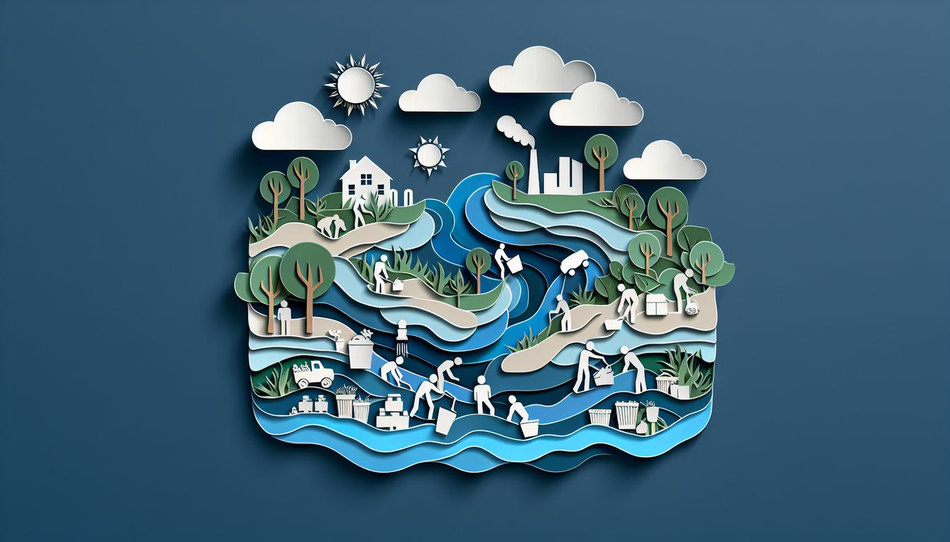 Paper art of human impact on water and land with trees, factories, fish, quiz prompt on dark blue background