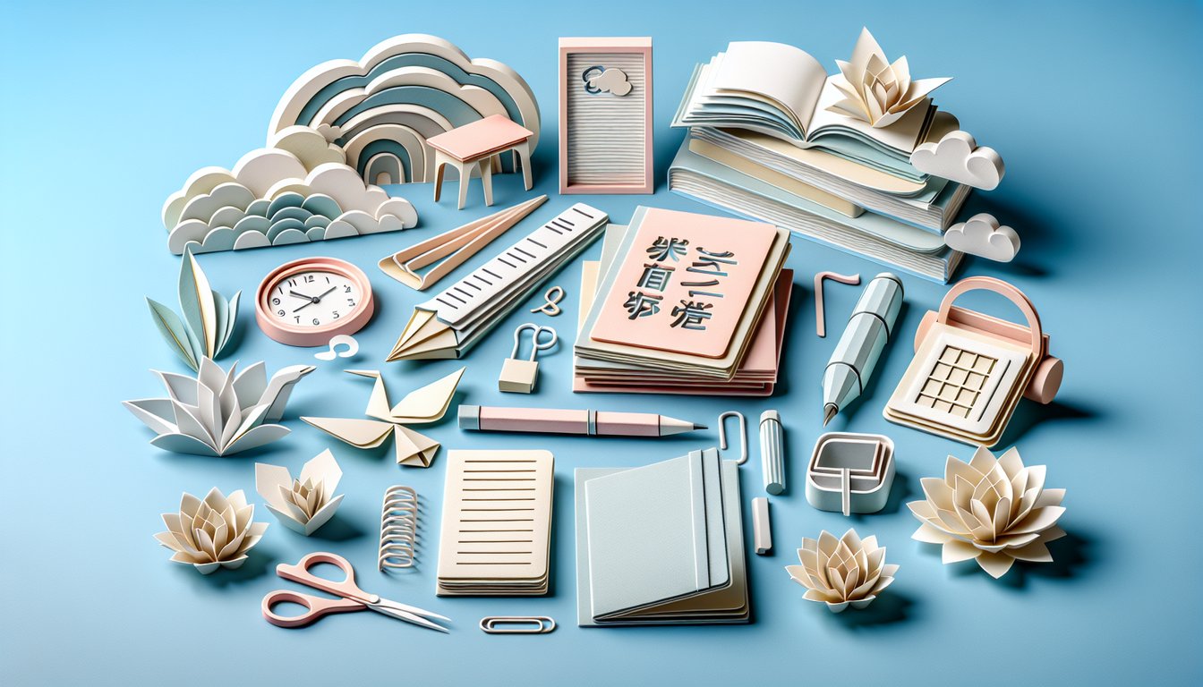 Paper art illustration of Japanese te form learning with paper cut verbs, icons, pencil, flashcard on sky blue background.