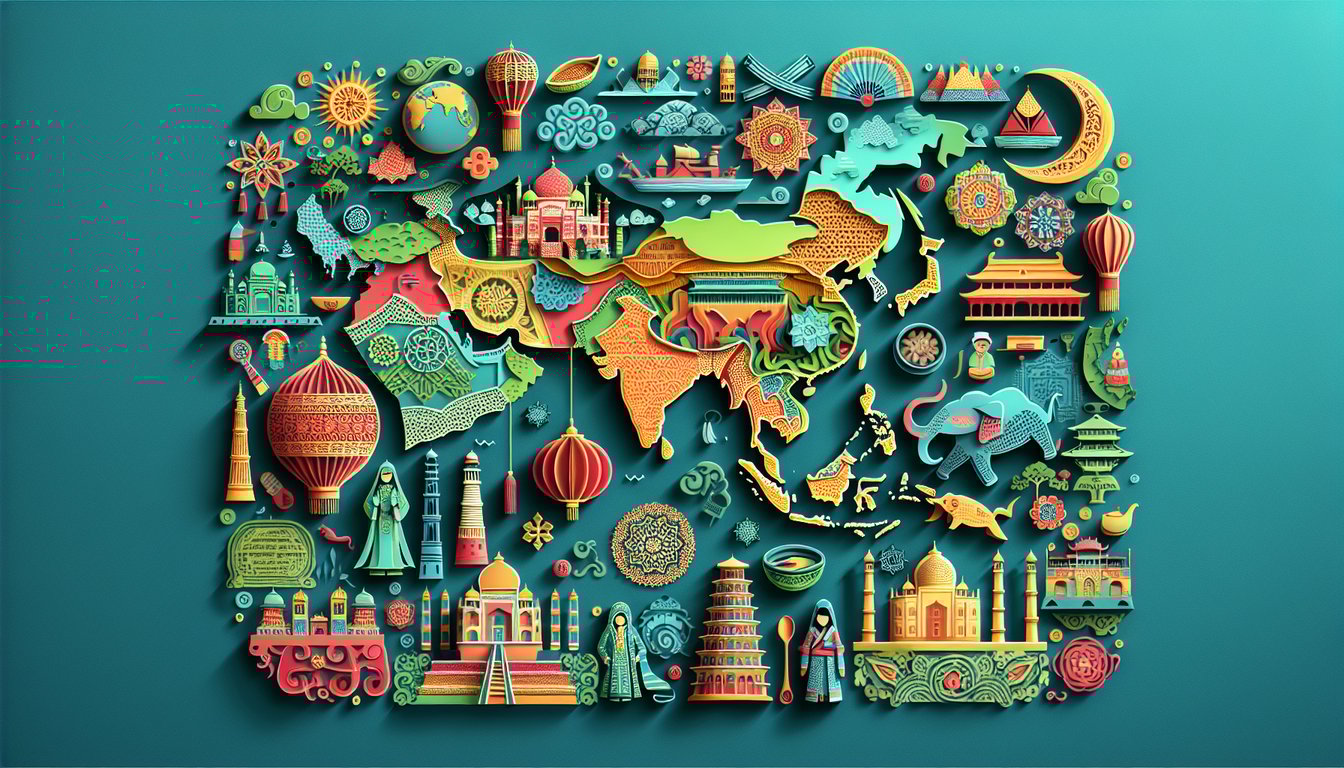 Paper art collage of Asian map landmarks and cultural icons on teal background for geography history culture quiz