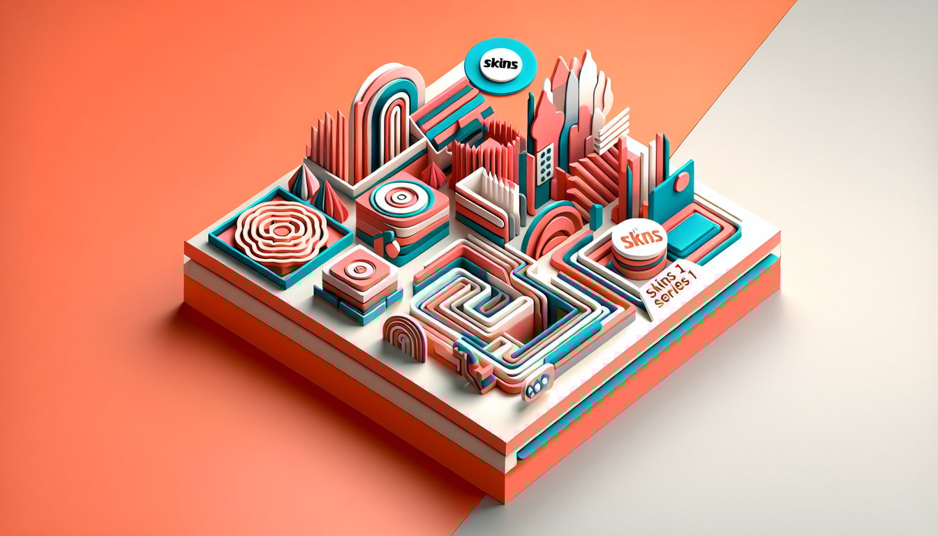 Paper art illustration for Skins character quiz on a coral background.