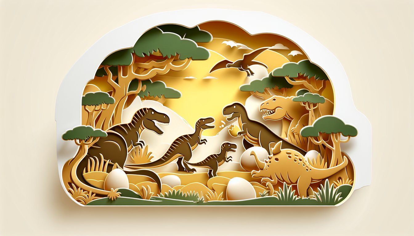 Paper art dinosaur quiz illustration on a golden yellow background for kids trivia challenge.