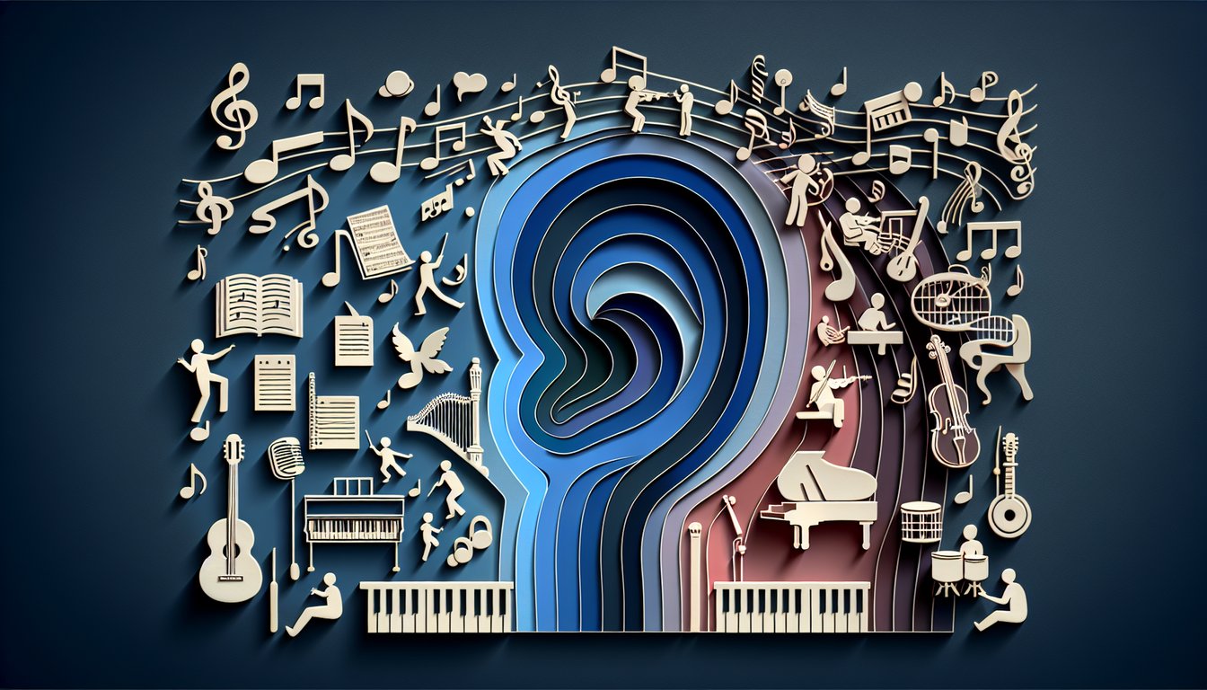 Paper art illustration for music skills quiz on dark blue background