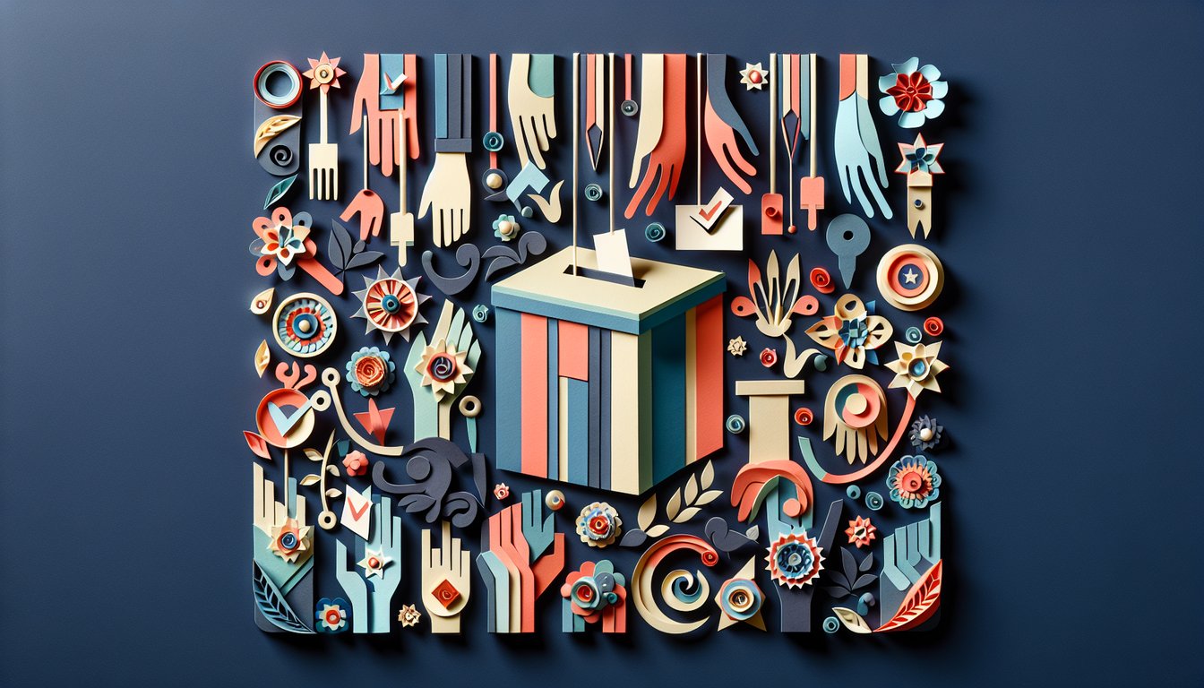3D voxel art visualizing concepts from Democracy and Identity course