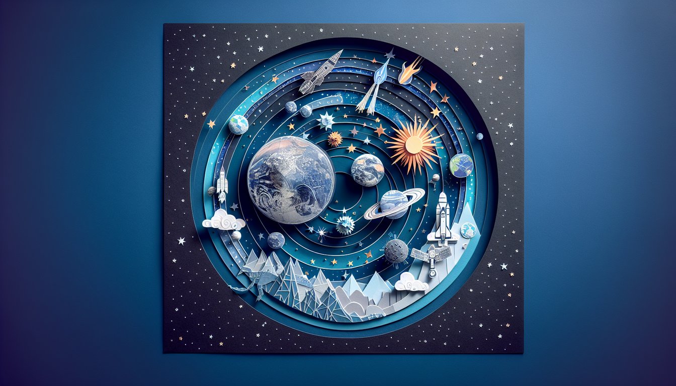 Colorful paper art depicting various cosmic and earth history timeline for a trivia quiz