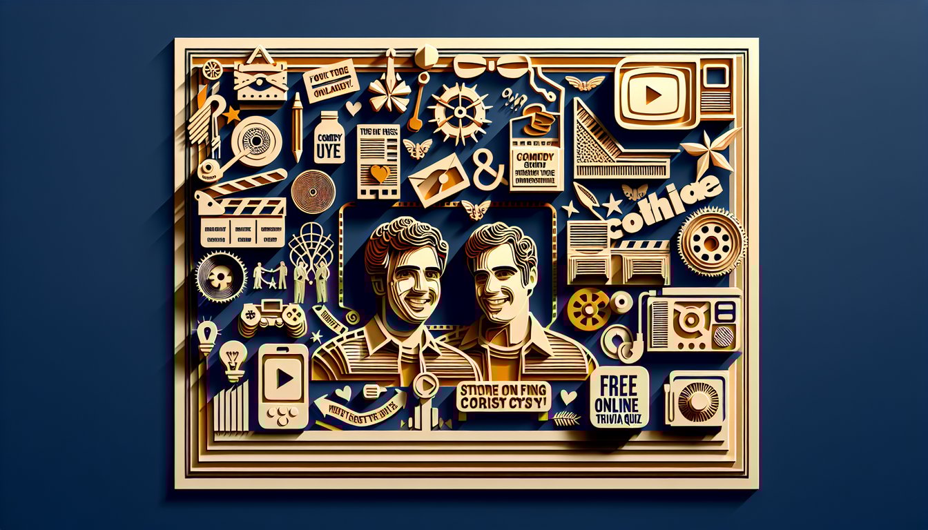 Paper art illustration with layered cutout silhouettes of Ian and Anthony, quiz elements on dark blue background.