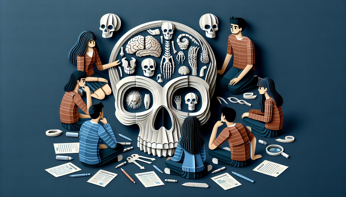 Colorful paper art promoting the Skull  Face Challenge quiz for high school biology students.