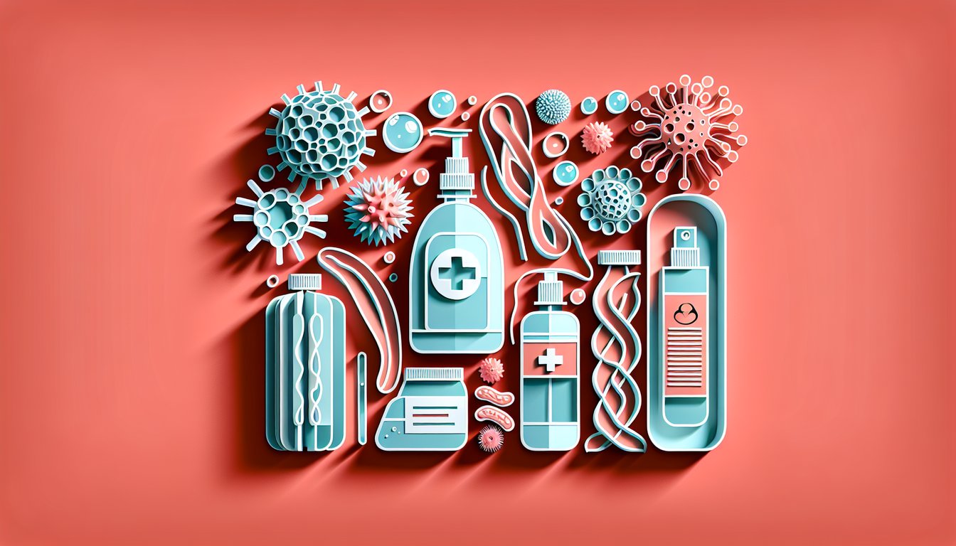 Paper art bacteria cells disinfectant spray bottle test tube infection control quiz on coral background.