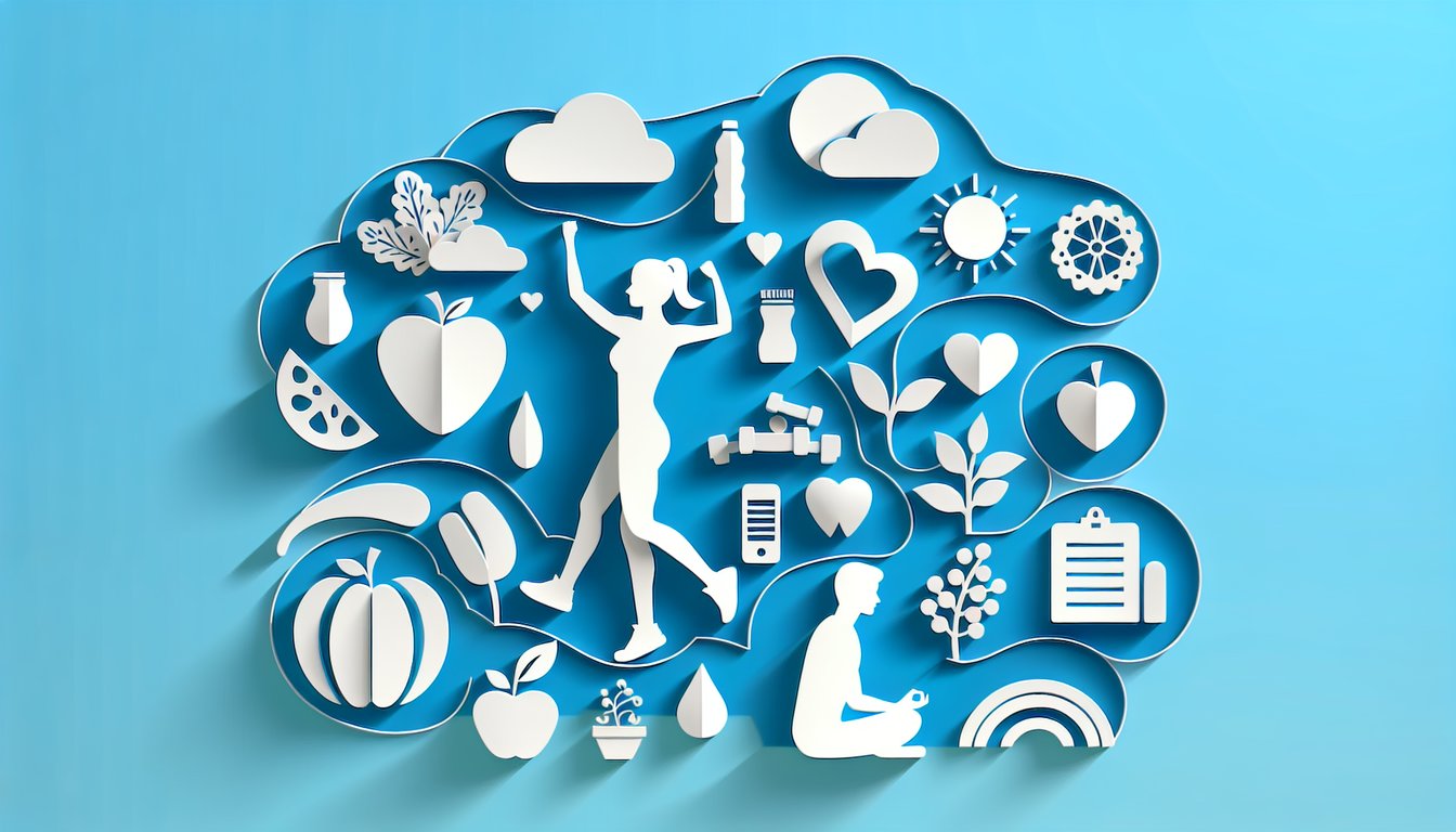 Paper art quiz for free health and wellness questions on lifestyle, nutrition, self care on a sky blue background