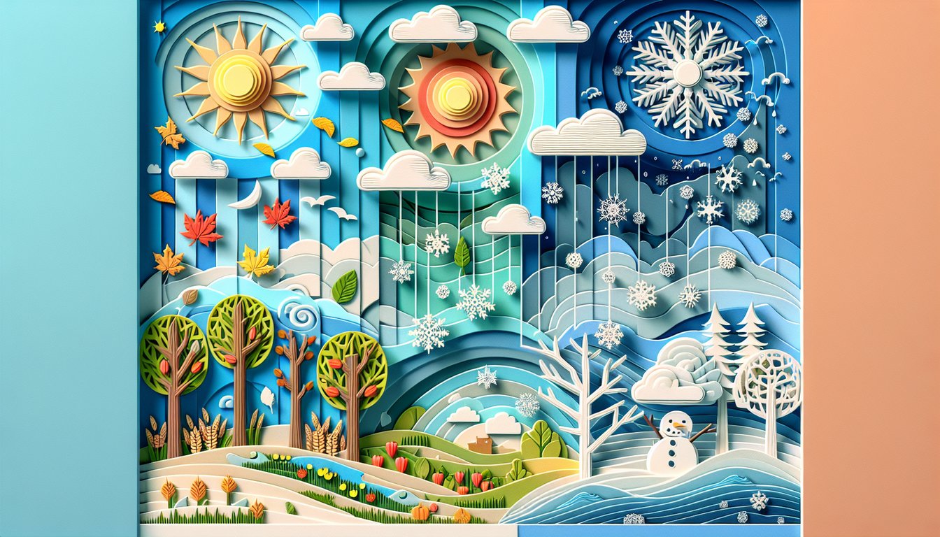 Paper art clouds sun raindrops thermometer quiz icons arranged on sky blue background for weather trivia challenge