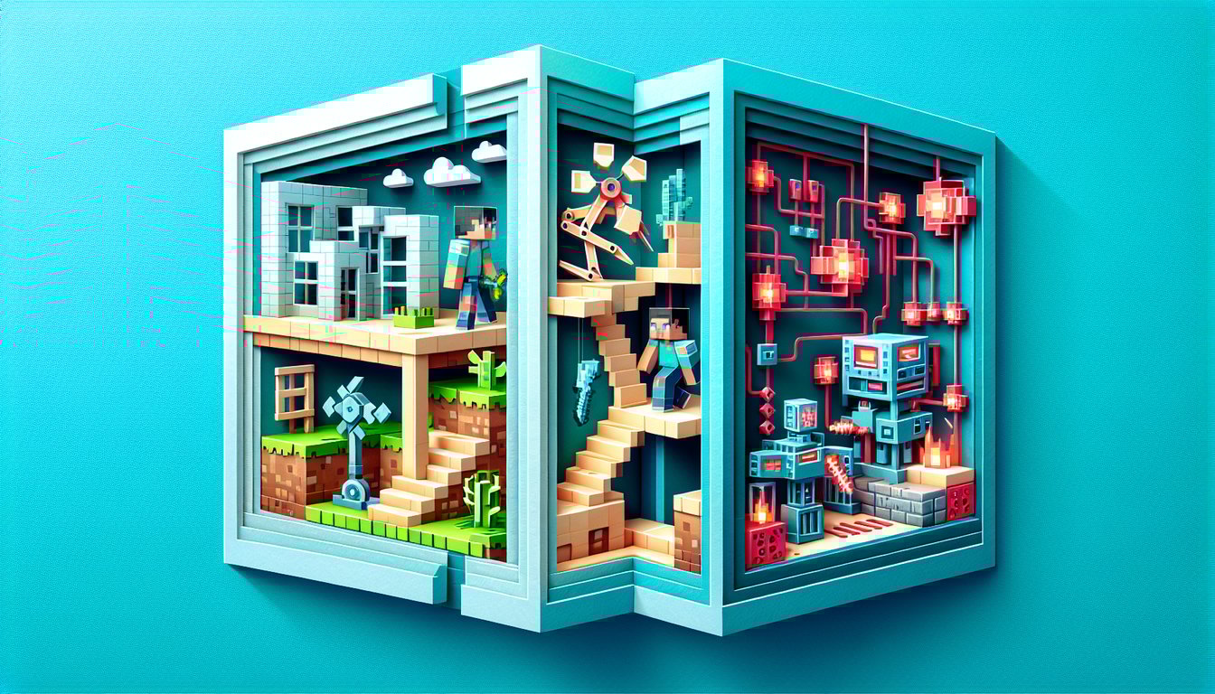 Paper art Minecraft icons of a pickaxe sword and redstone circuit on teal background for playstyle quiz
