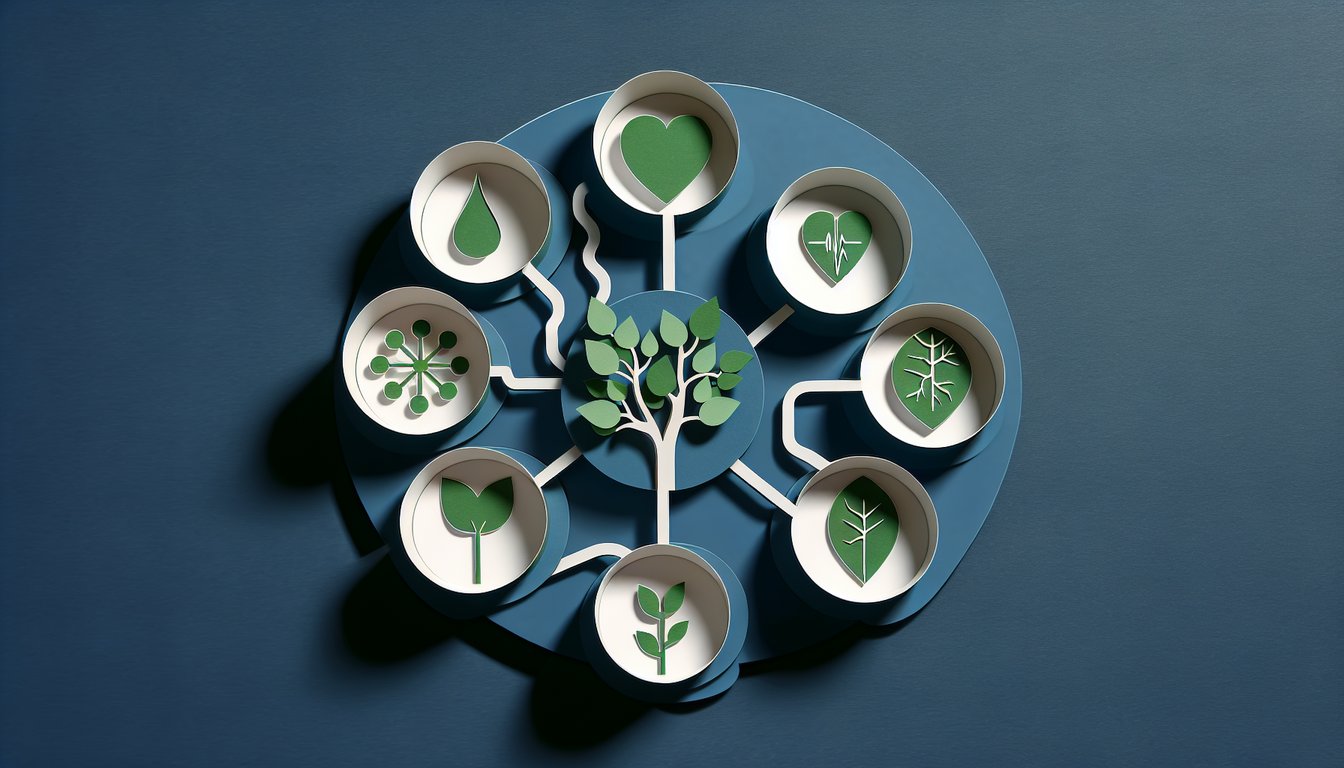 Paper art icons depicting the eight key life processes on a dark blue background for a free quiz challenge