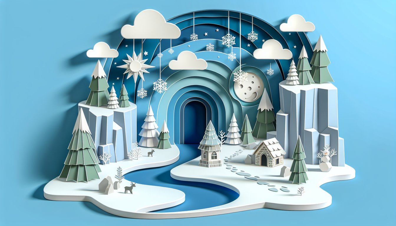 Paper art illustration of Peppa Quiz Games Santas Grotto theme with quiz title and festive details on sky blue background