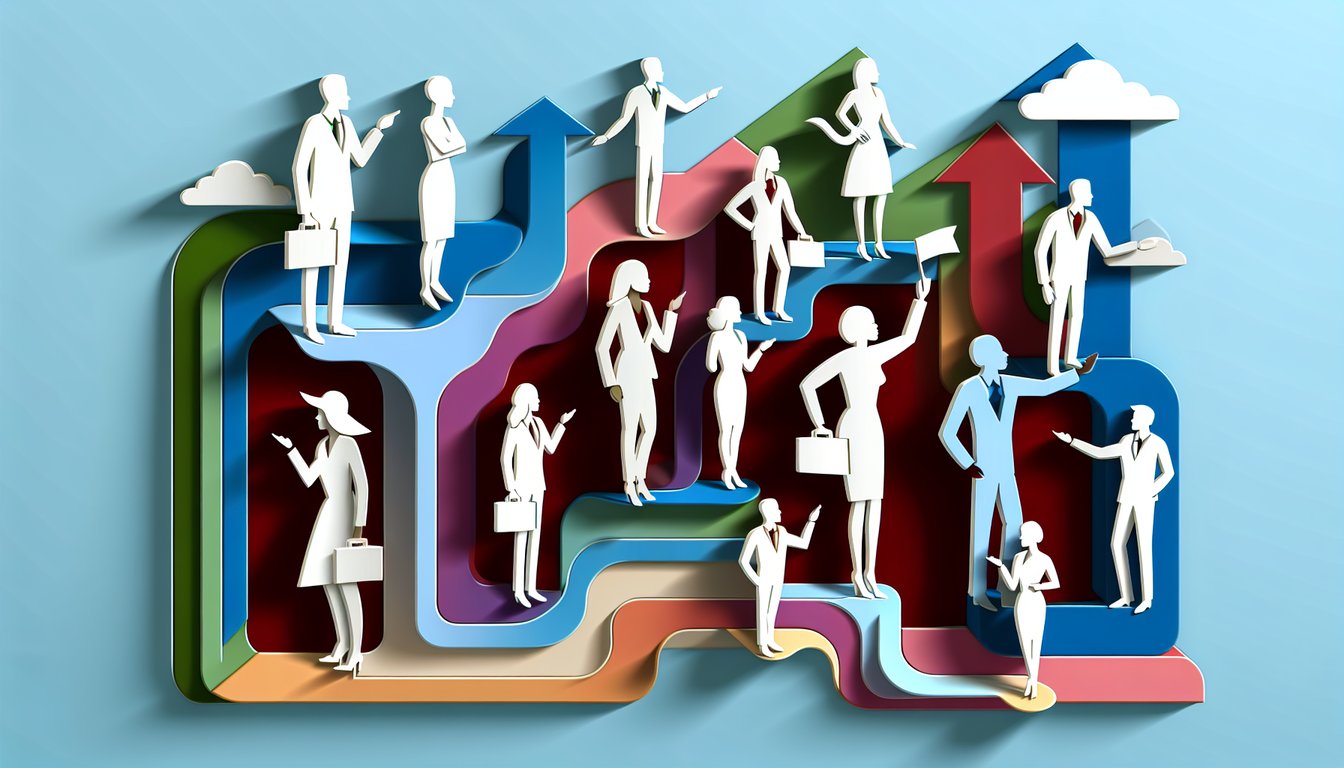 Paper art showing manager guiding employees up ladder symbolizing empowerment and collaboration on sky blue background
