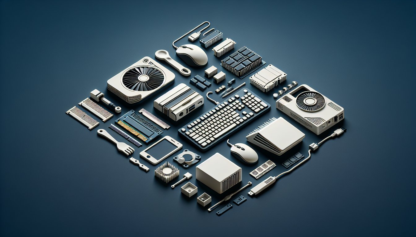 Paper art collage of computer parts and peripherals on dark blue background quiz to spot the non peripheral device