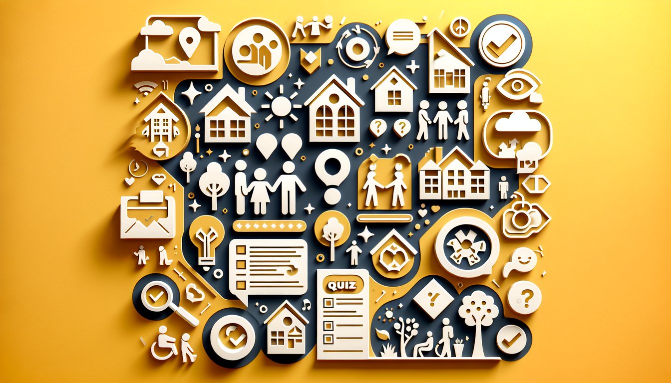 Paper art illustration for Where Do I Belong quiz revealing ideal community traits on golden yellow background