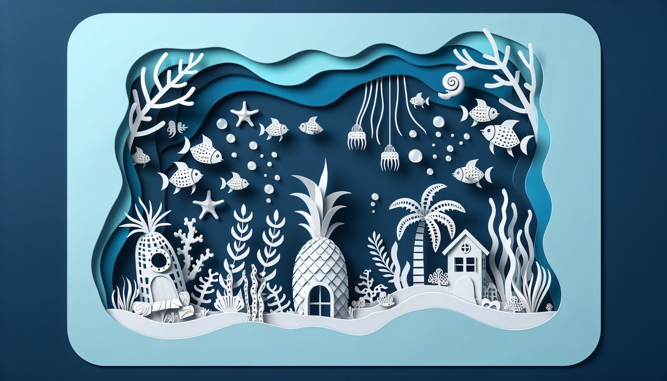Paper art illustration of cartoon sponge and bubbles over dark blue background for a SpongeBob life quote matching quiz