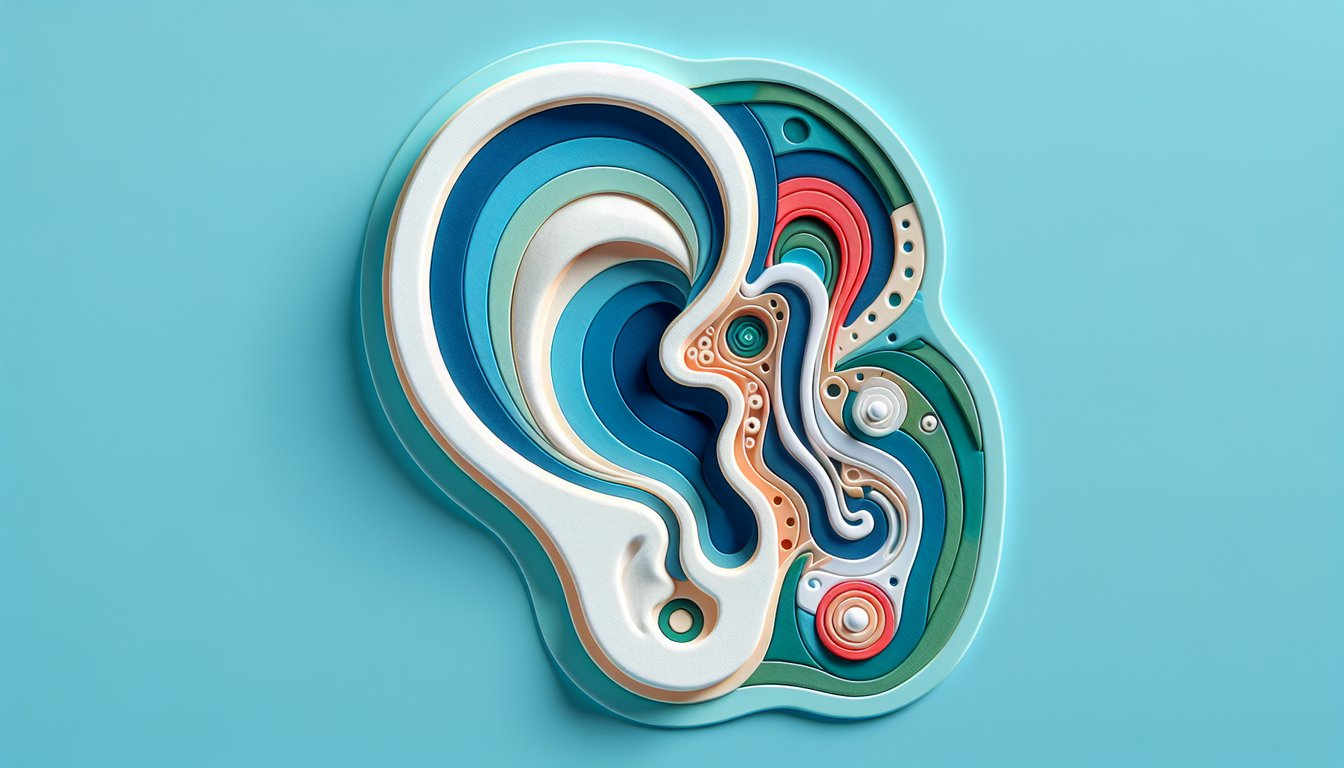Paper art ear diagram on sky blue background showing labeled outer, middle, and inner ear for anatomy quiz