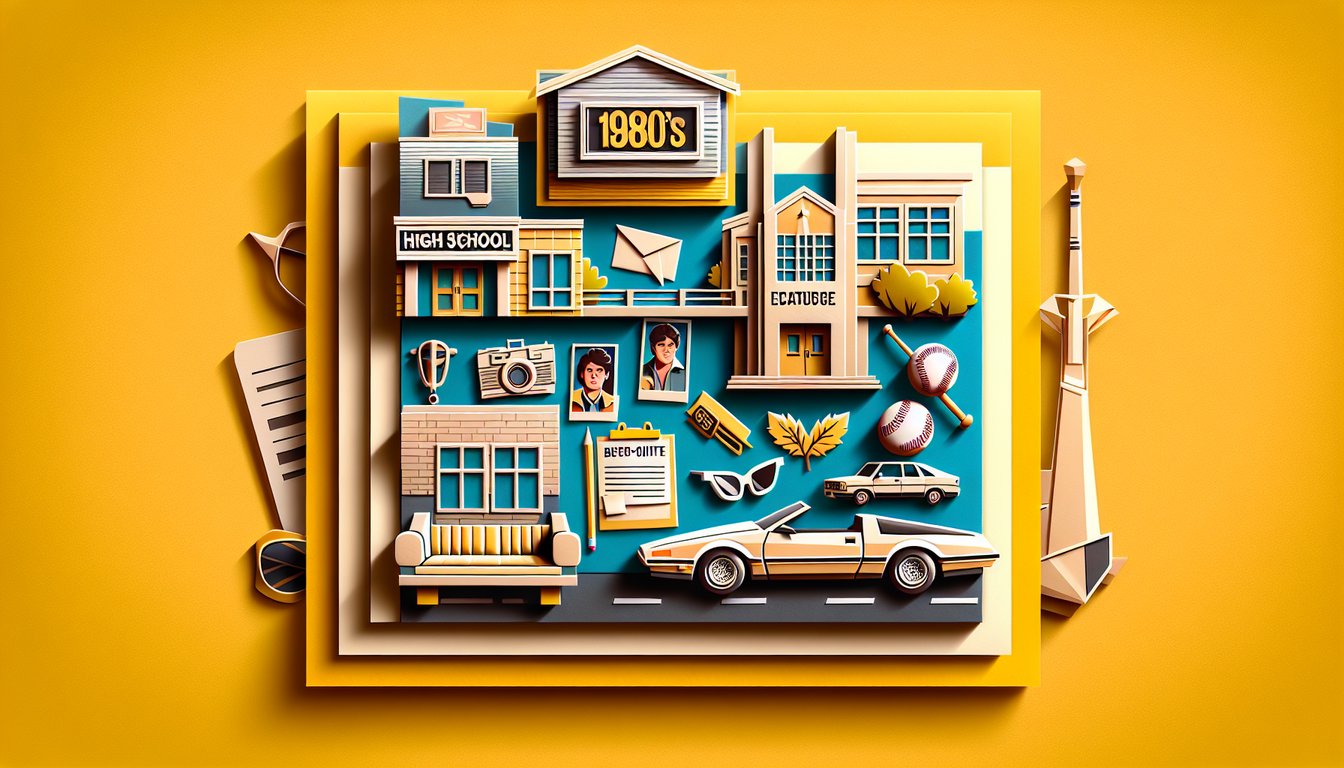 Paper art illustration for Ferris Bueller trivia quiz on a golden yellow background