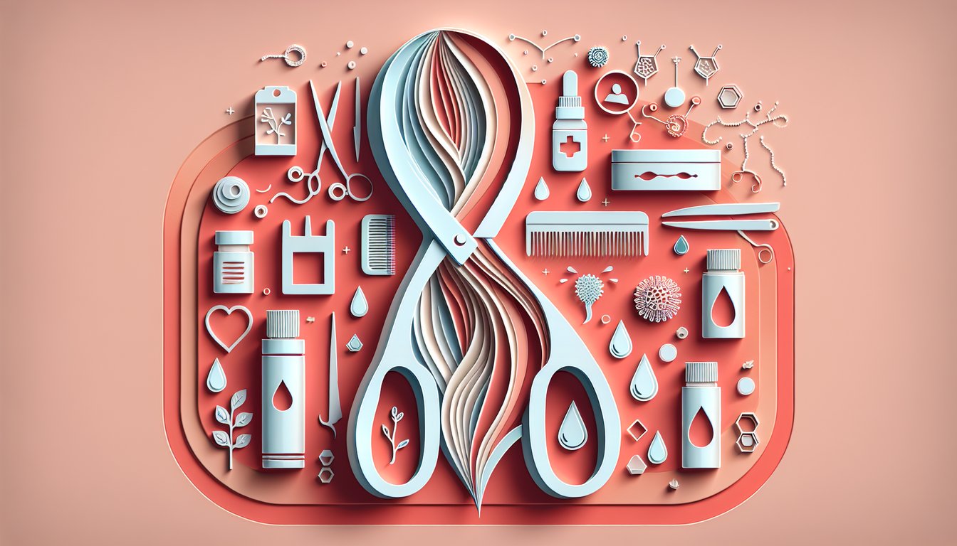 Paper art illustration of cosmetology quiz chapter 2 elements hair strand scalp cells worksheet icons on coral background