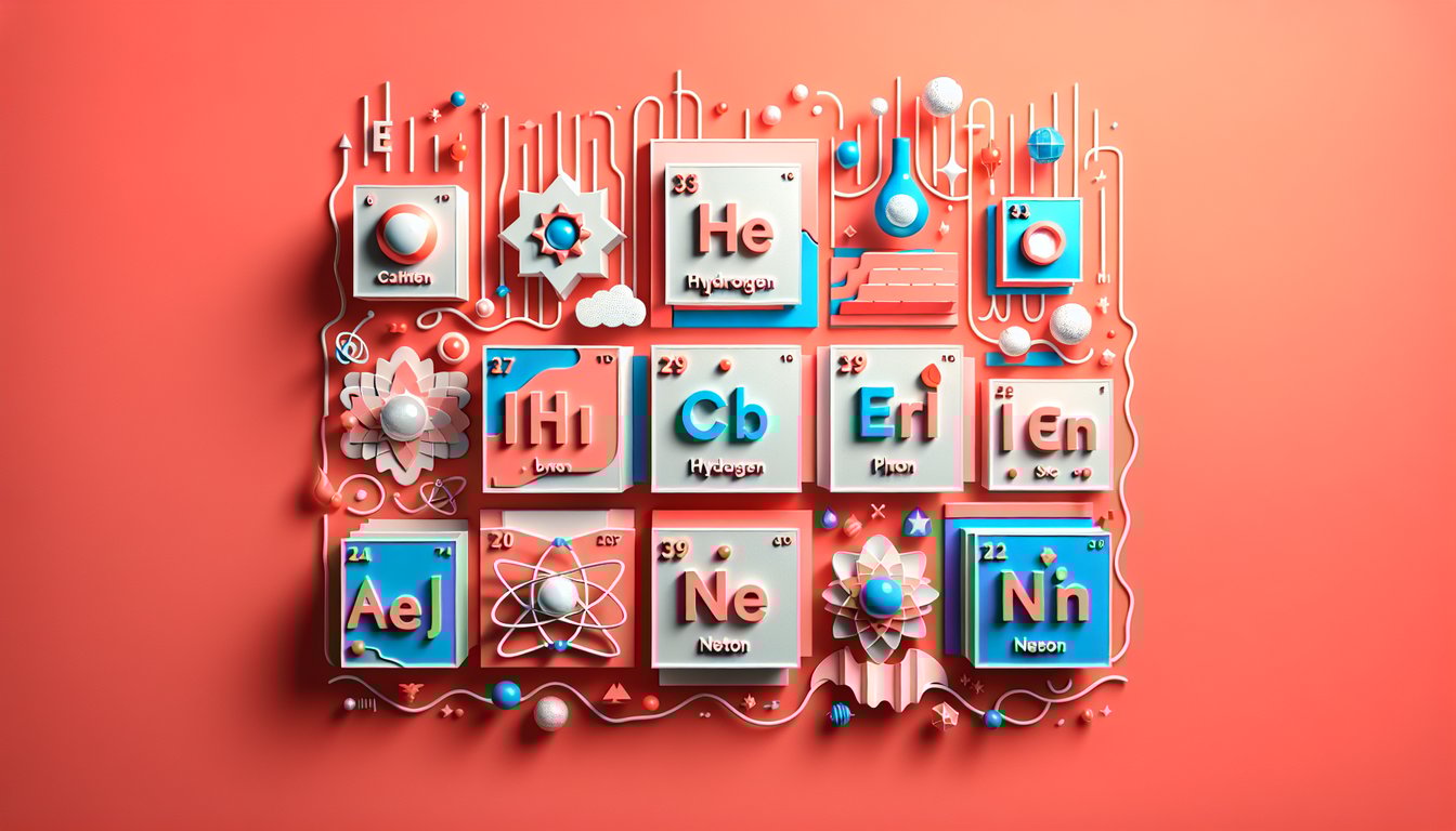 Paper art illustration for periodic table quiz on coral background