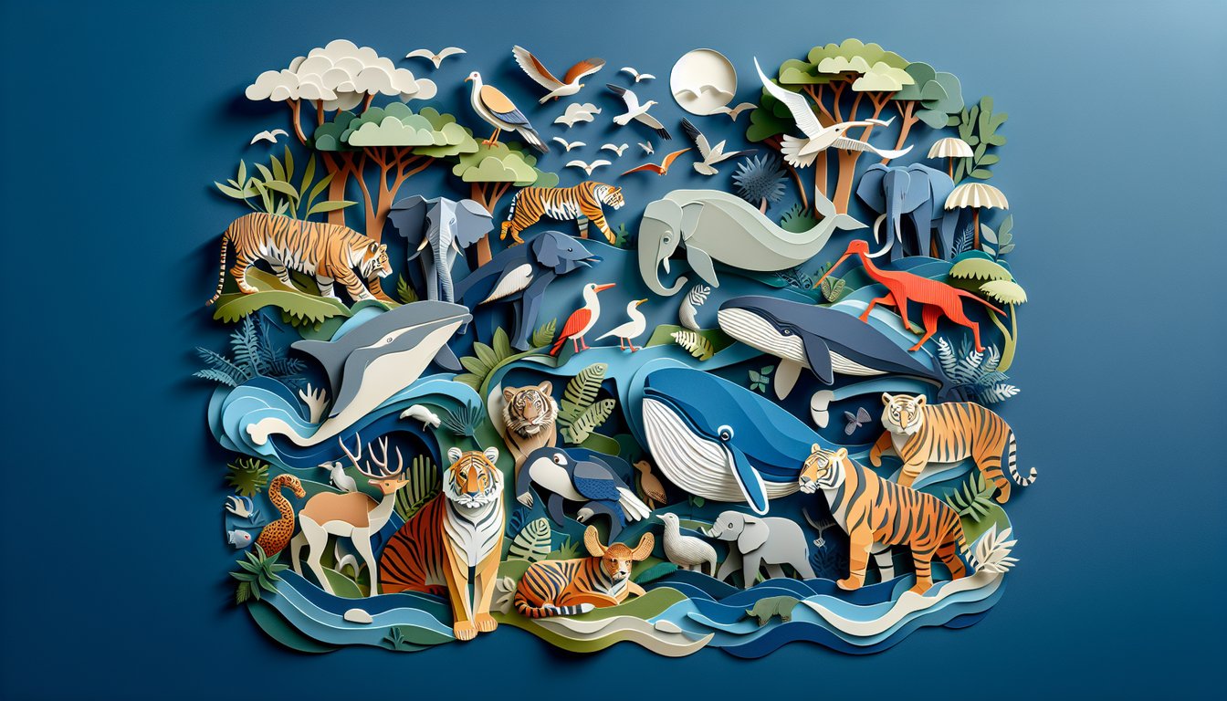 Paper art illustration for wildlife trivia quiz on dark blue background