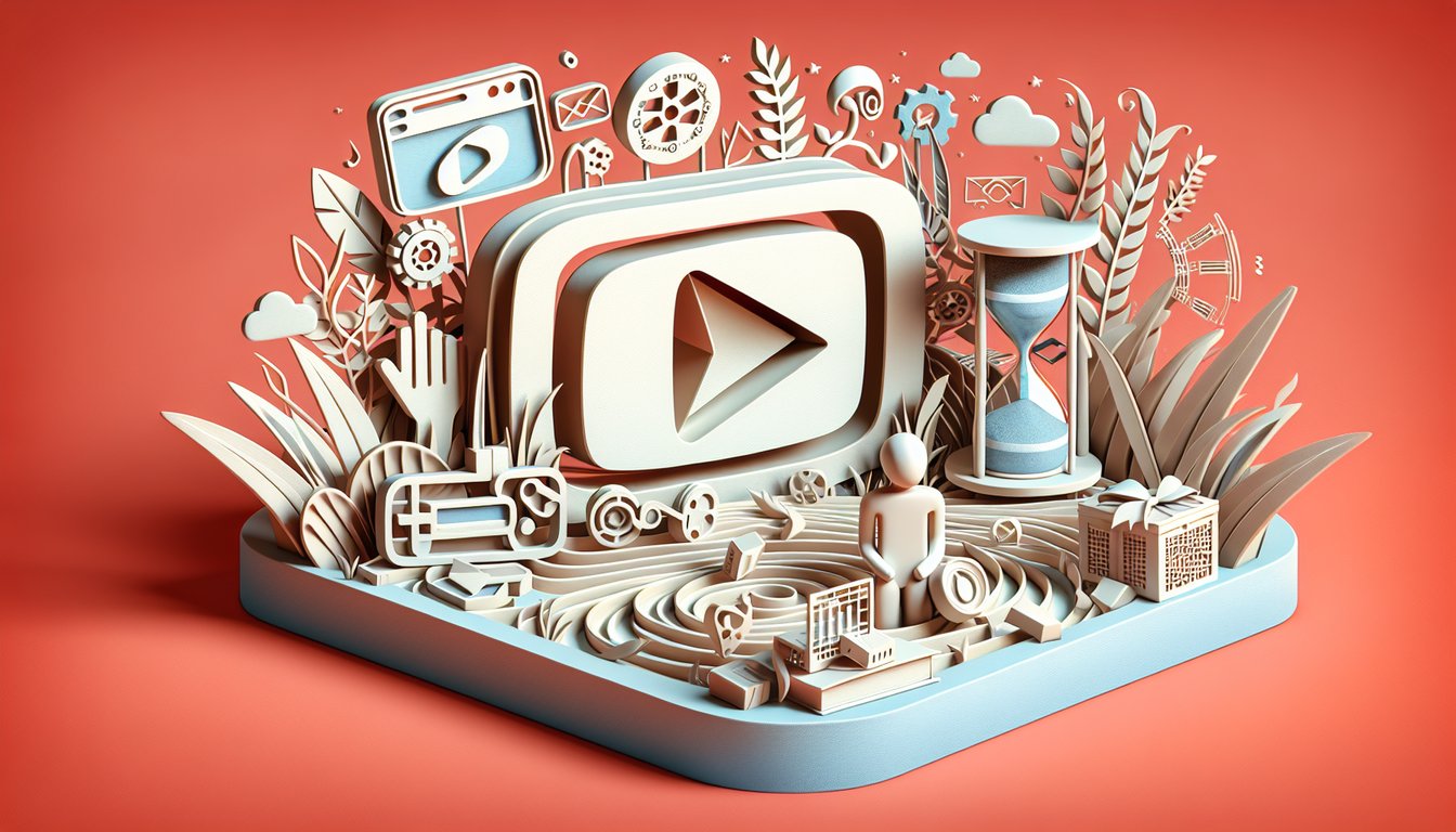 Paper art showing smartphone and play icons around quiz text about YouTube viewing habits on coral background