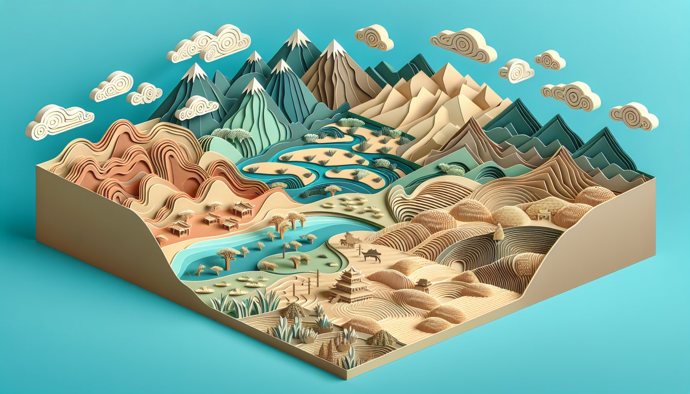 Paper art style map of Southwest Asia showing deserts, mountains, plateaus on teal background for quiz