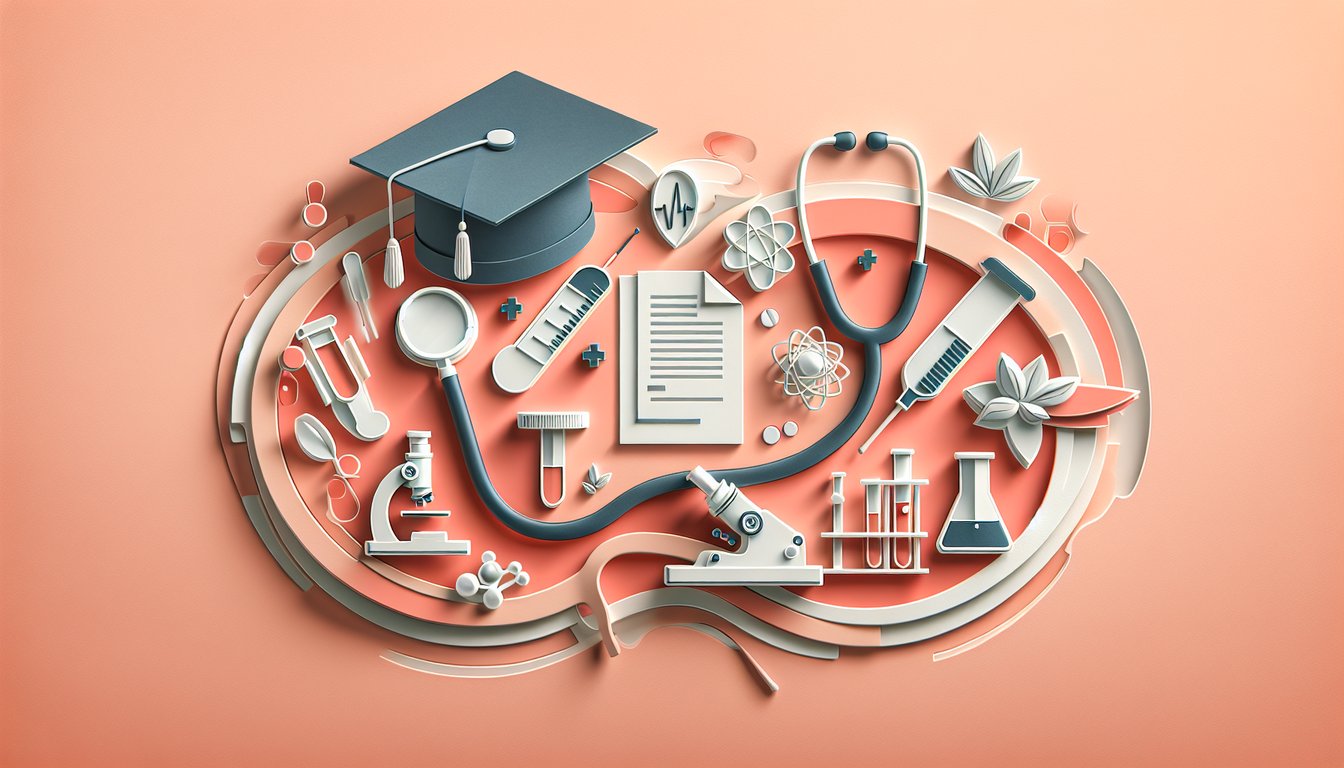 Paper art illustration of letters and medical symbols for NCCT medical abbreviation quiz on coral background