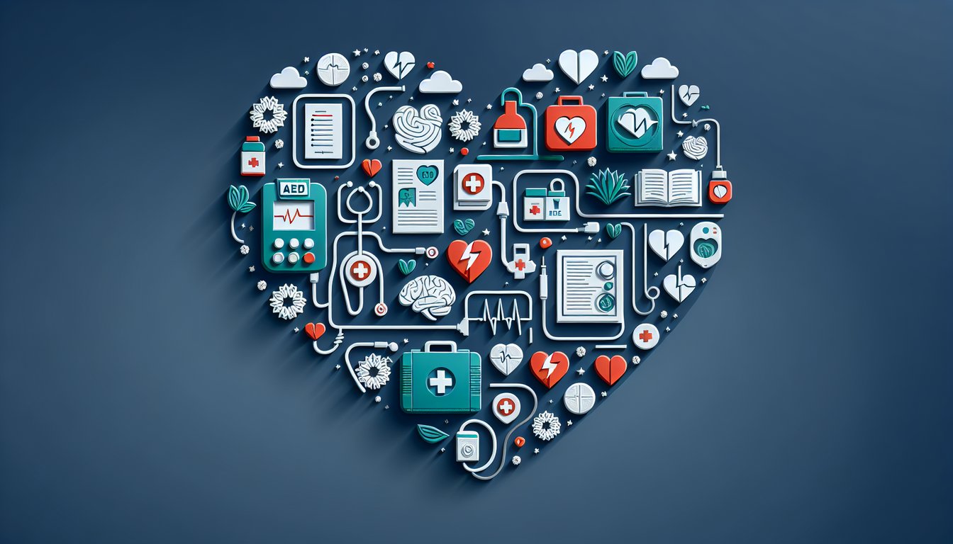 Paper art illustration of pediatric defibrillation quiz showing AED heart symbol and question icons on dark blue background