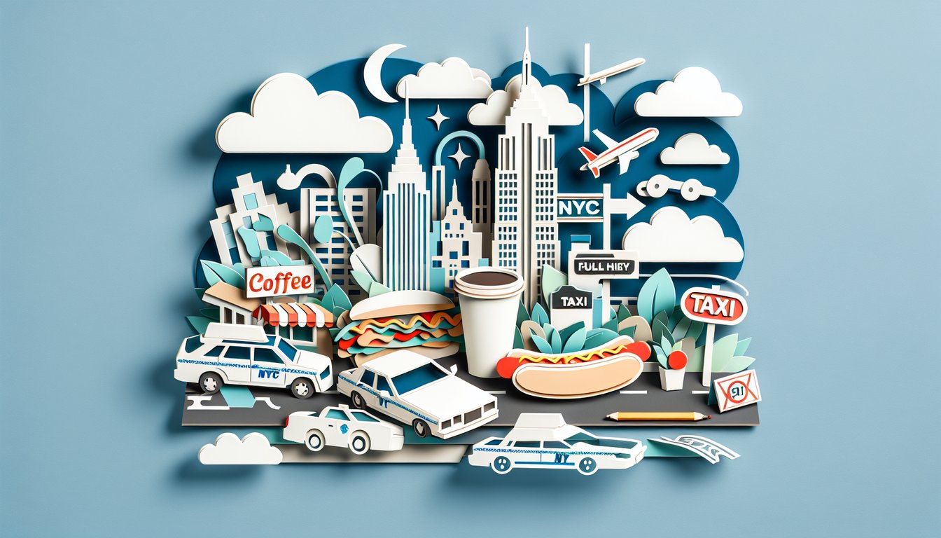 Paper art illustration for New York accent words quiz on a sky blue background