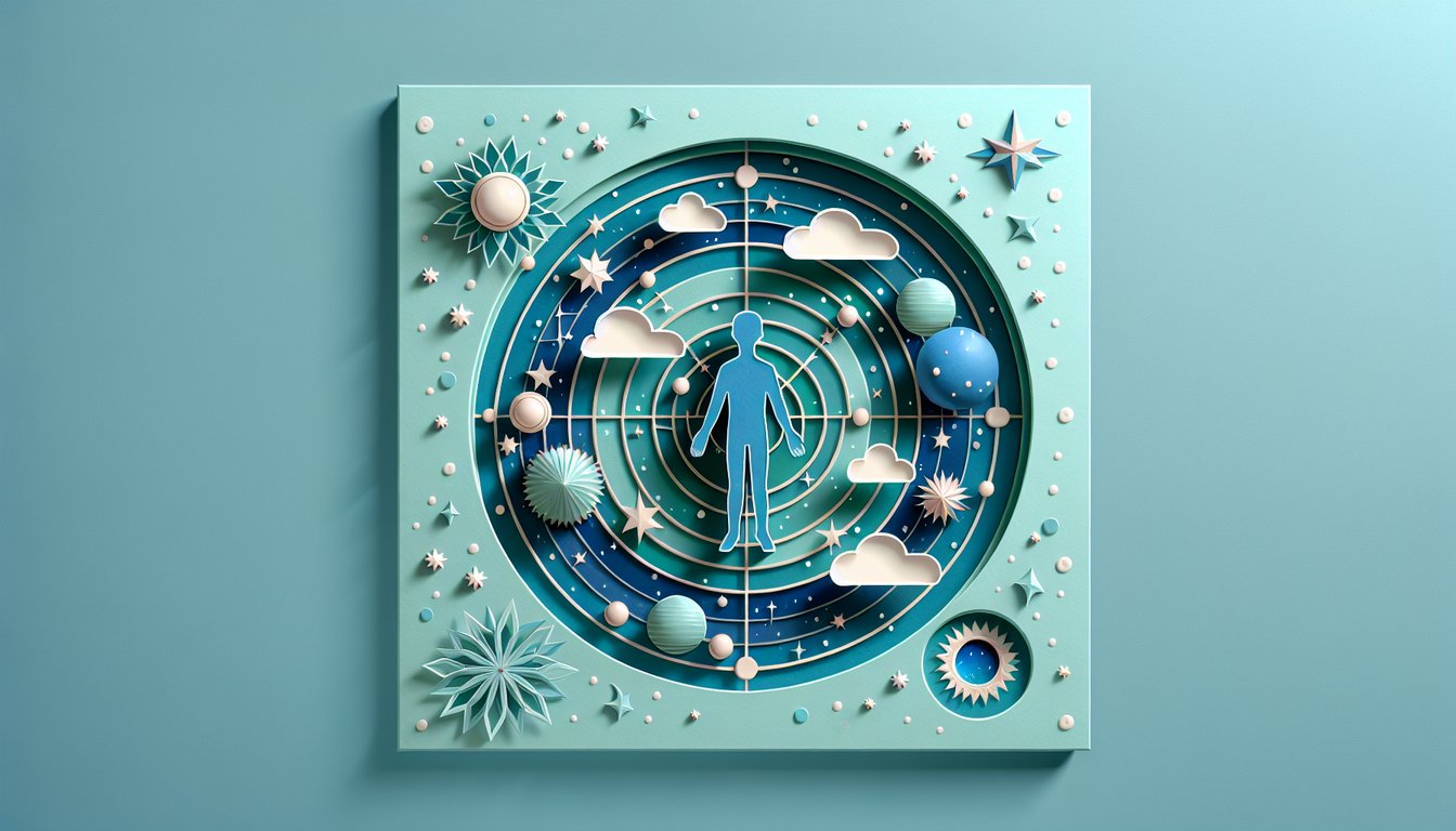 Paper art illustration of a glowing star figure among cosmic shapes on a teal backdrop for a star child quiz