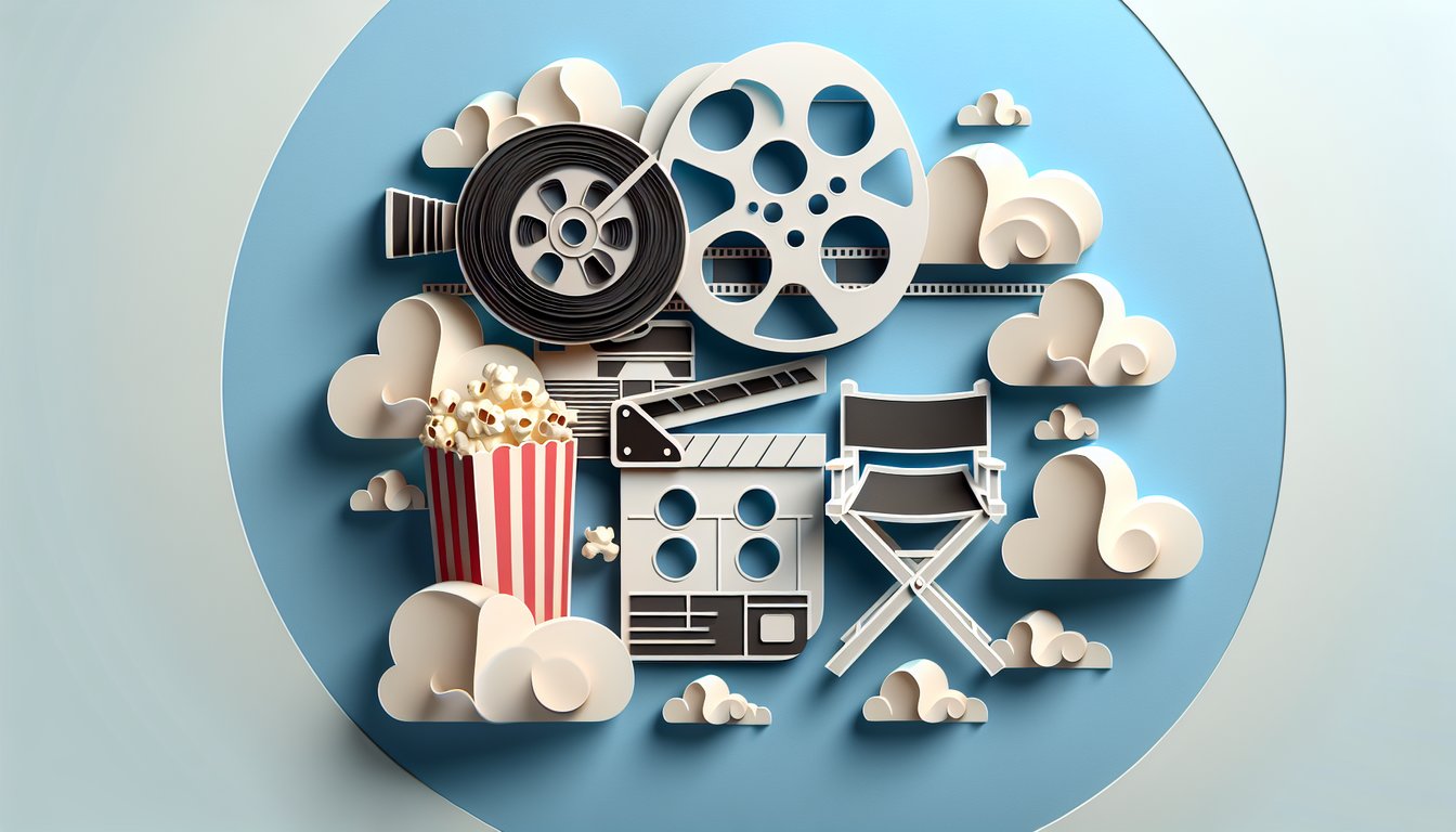 Paper art illustration for 70s movie trivia quiz on a sky blue background