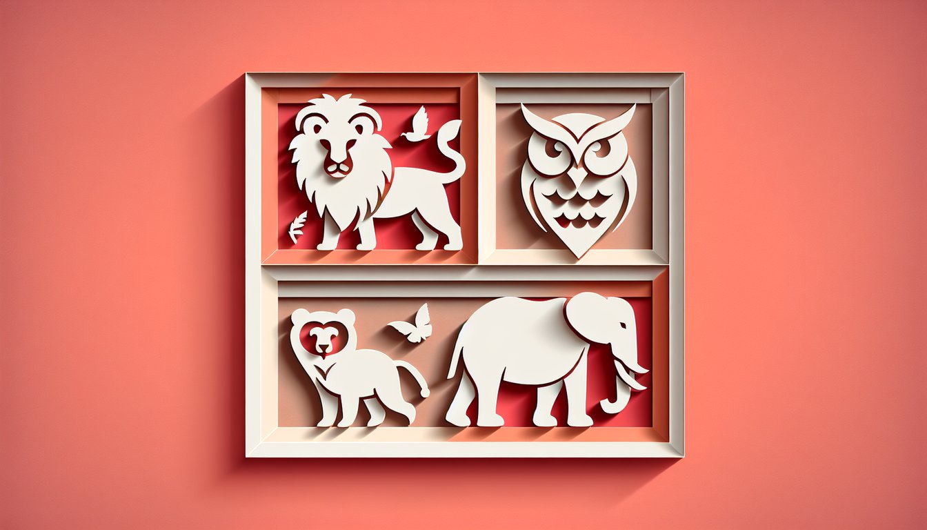 Paper art illustration for a 4 animal personality test on a coral background.