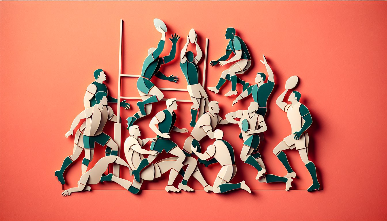 Paper art illustration for rugby position quiz on a coral background